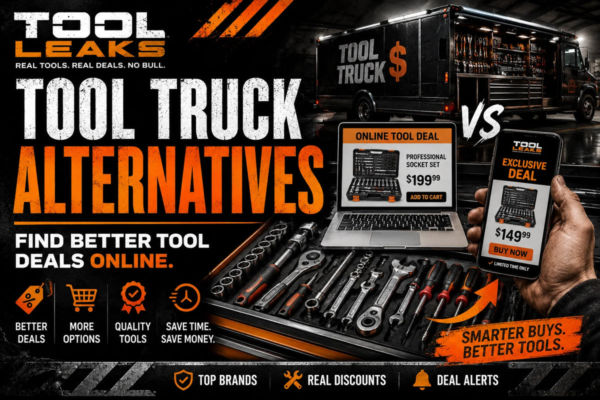 Tool truck alternatives for mechanics showing online tool deals, toolbox tools, sockets, ratchets, and Tool Leaks discount alerts.