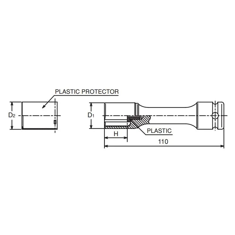 Ko-ken 14145PM.110-21 1/2" Drive Wheel Nut Socket 21mm Extra Thin walled Length 110mm Color coded Protector
