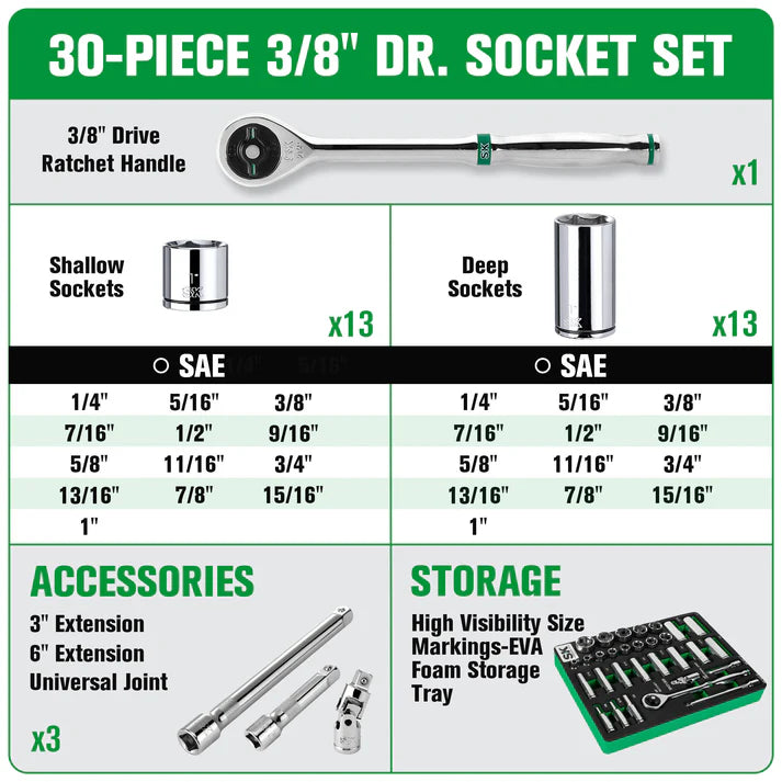 SK Tools SK01309-216P 30-Piece 3/8" Drive SAE Chrome Socket Set