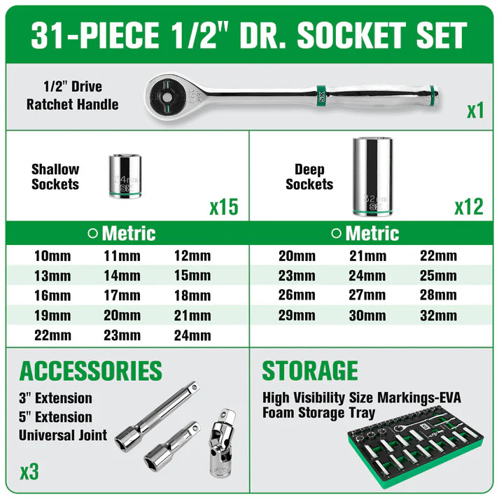 SK Tools SK01315-216P 31-Piece 1/2" Drive Metric Chrome Socket Set - Tool Leaks