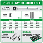 SK Tools SK01315-216P 31-Piece 1/2" Drive Metric Chrome Socket Set - Tool Leaks