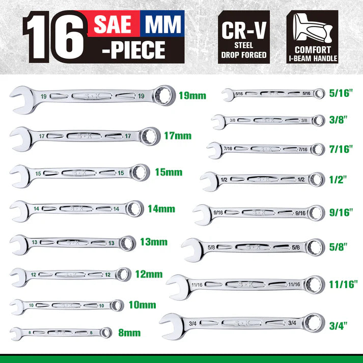 SK Tools SK01368 16-Piece SAE & Metric Combination Wrench Set
