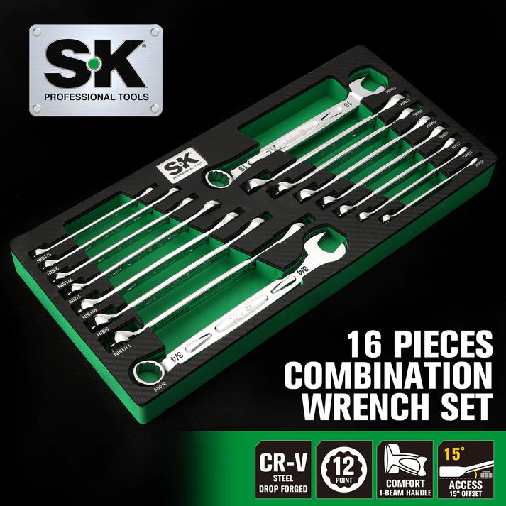 SK Tools SK01368 16-Piece SAE & Metric Combination Wrench Set