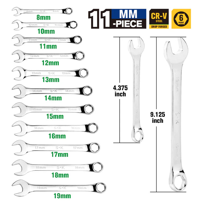 SK Tools SK01487A 11-Piece Metric Combination Wrench Set