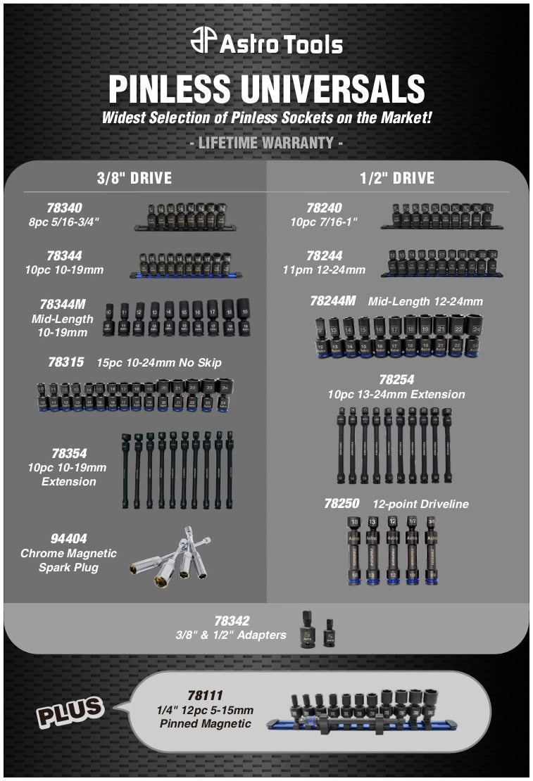 Astro Pneumatic 78344M 10-Piece 3/8" Drive Mid-Length Pinless Universal Impact Socket Set