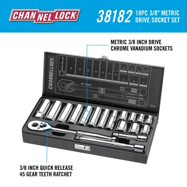 CHANNELLOCK 38182 18-Piece 3/8" Drive Metric Socket Set