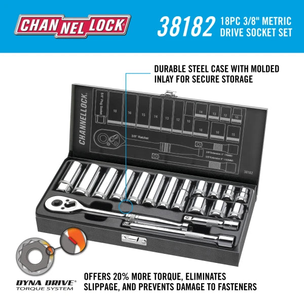 CHANNELLOCK 38182 18-Piece 3/8" Drive Metric Socket Set