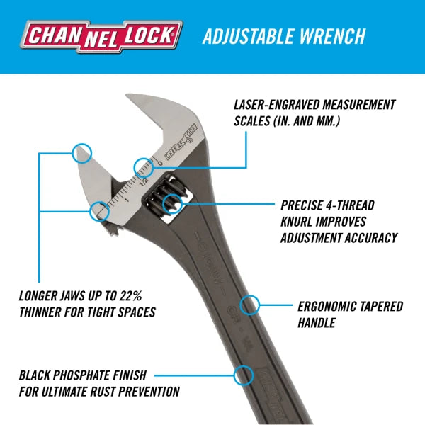 CHANNELLOCK 810NW 10" Wide Adjustable Wrench, Black Phosphate