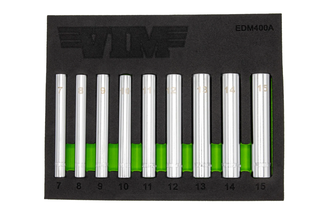 VIM Tools EDM400A 9-Piece 1/4" Extra Deep 6-Point, Metric Socket Set - 1/4" Drive (7 - 15mm)