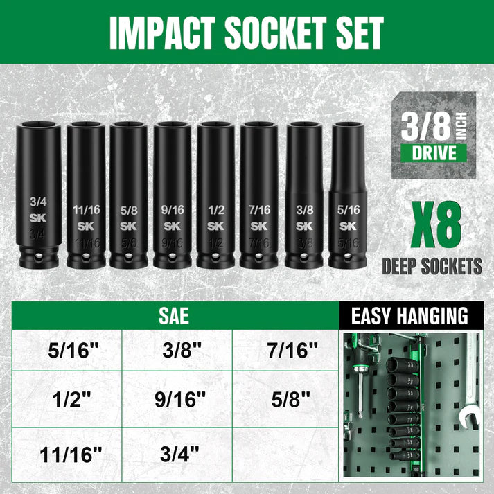 SK Tools SK01350 8-Piece 3/8" Drive Deep SAE Impact Socket Set - Tool Leaks