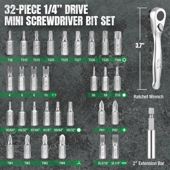 SK Tools SK03449 32-Piece 1/4" Drive Micro Ratcheting Bit Driver Set