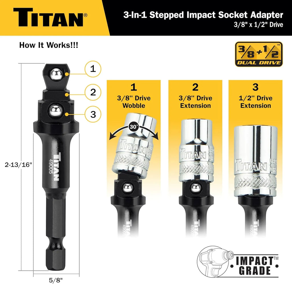 Titan 49005 3/8 & 1/2" Drive 3-in-1 Stepped Impact Socket Adapter - Tool Leaks