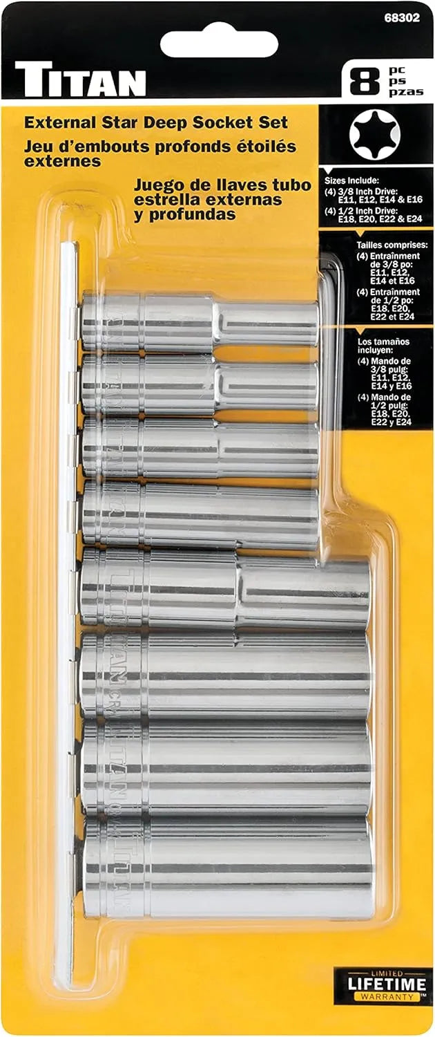 Titan 68302 8-Piece 3/8 in. & 1/2" Drive External Star Deep Sockets - Tool Leaks