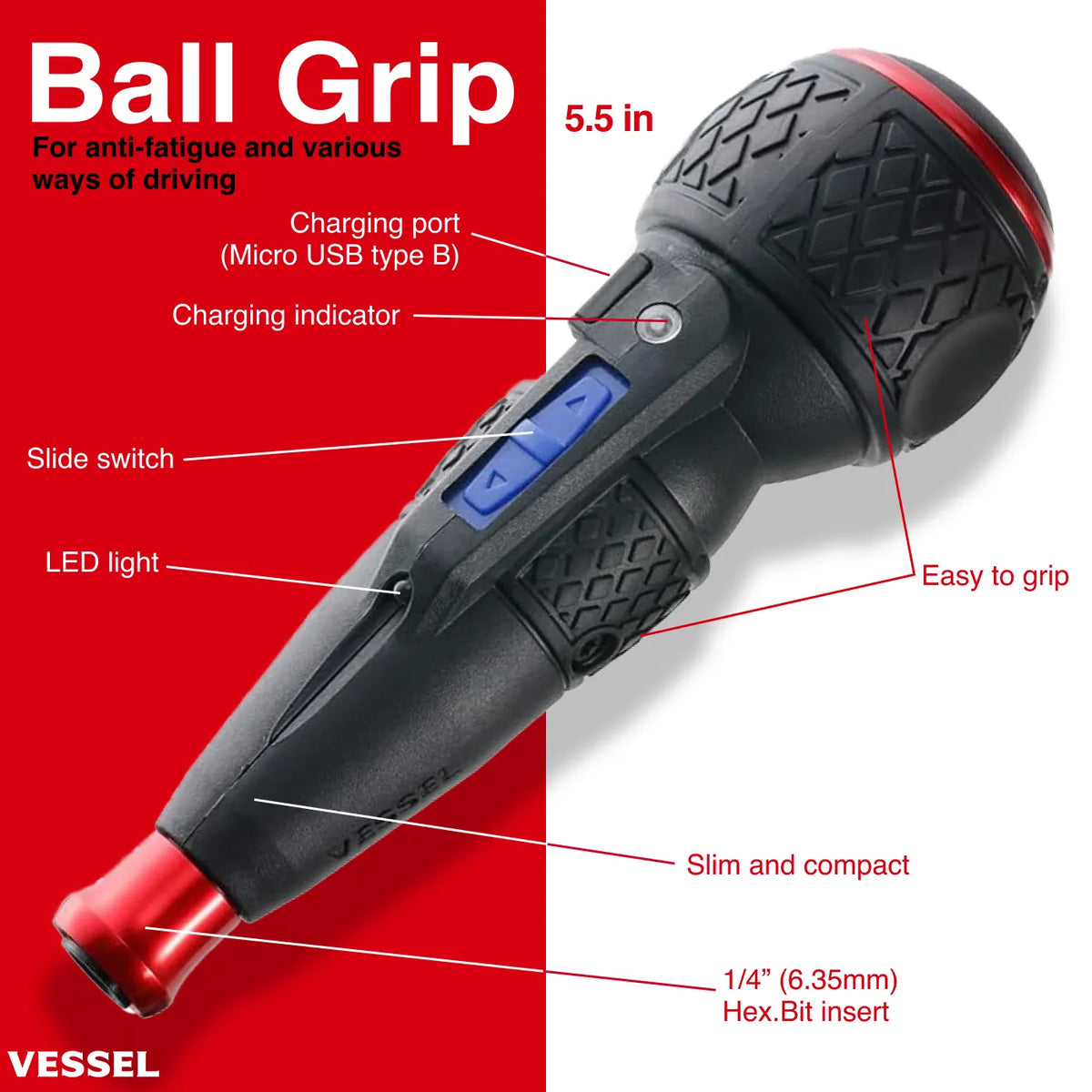 VESSEL 220USB25U e-ASSIST Screwdriver (Higher Torque Model) with 25-Piece Bit Set