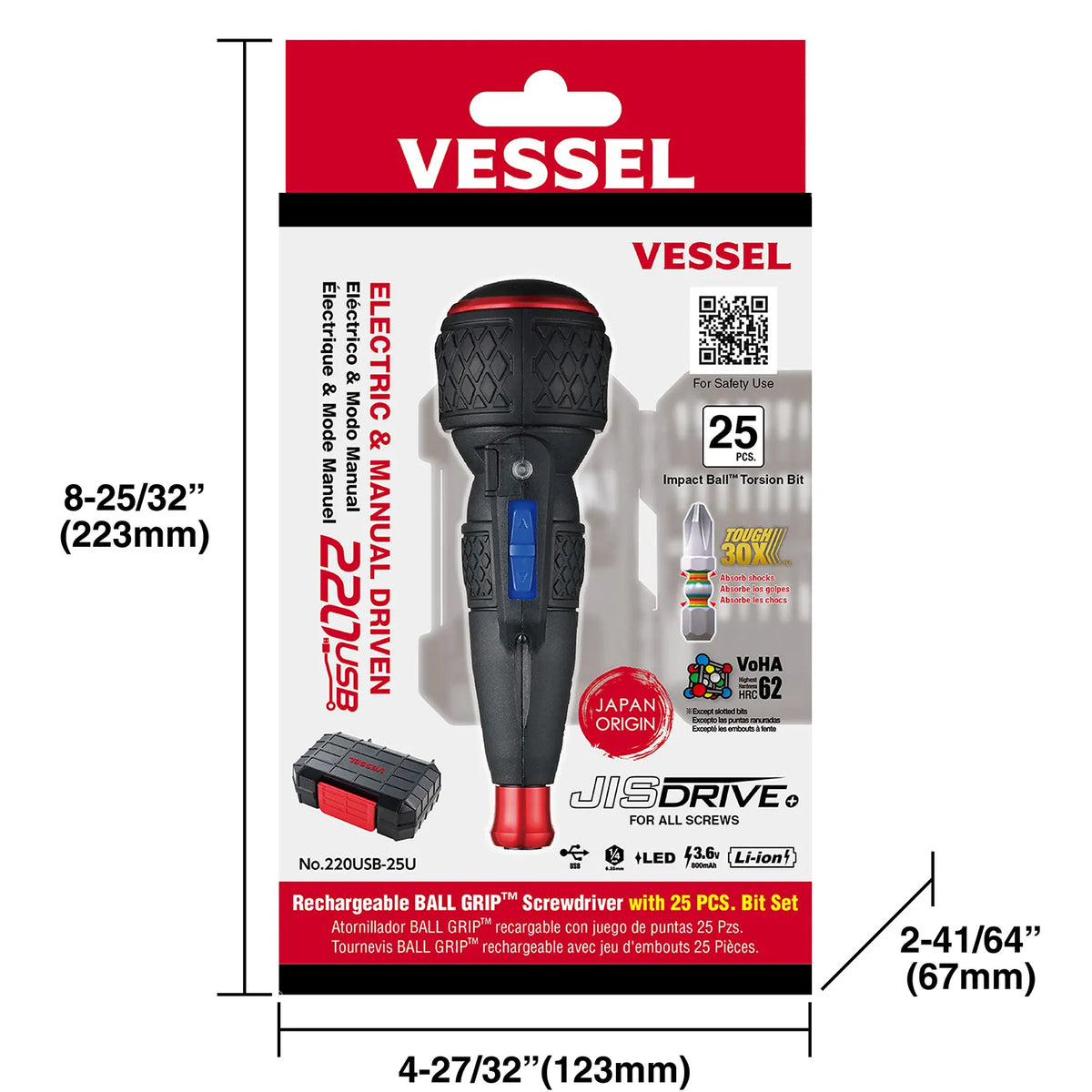 VESSEL 220USB25U e-ASSIST Screwdriver (Higher Torque Model) with 25-Piece Bit Set