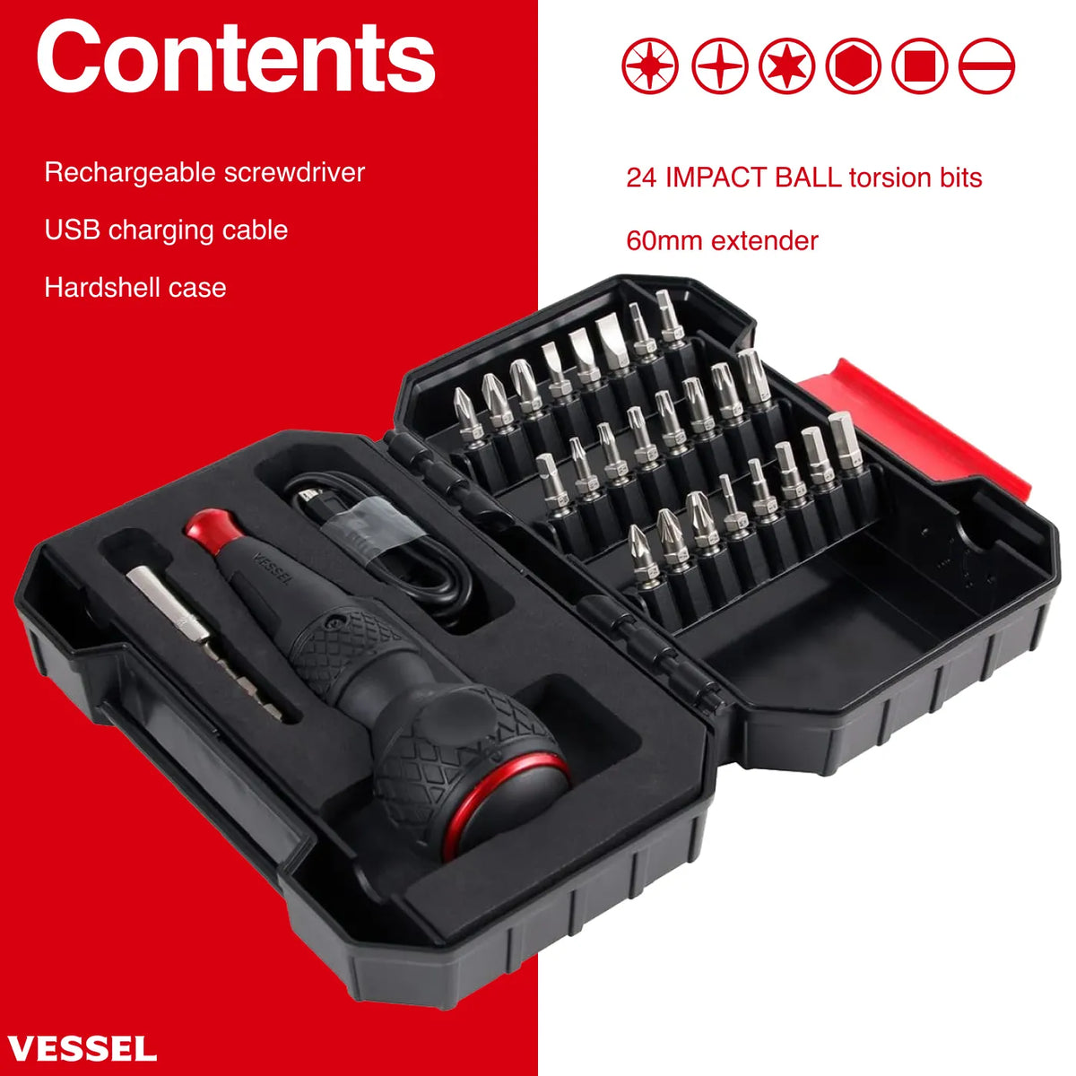 VESSEL 220USB25U e-ASSIST Screwdriver (Higher Torque Model) with 25-Piece Bit Set