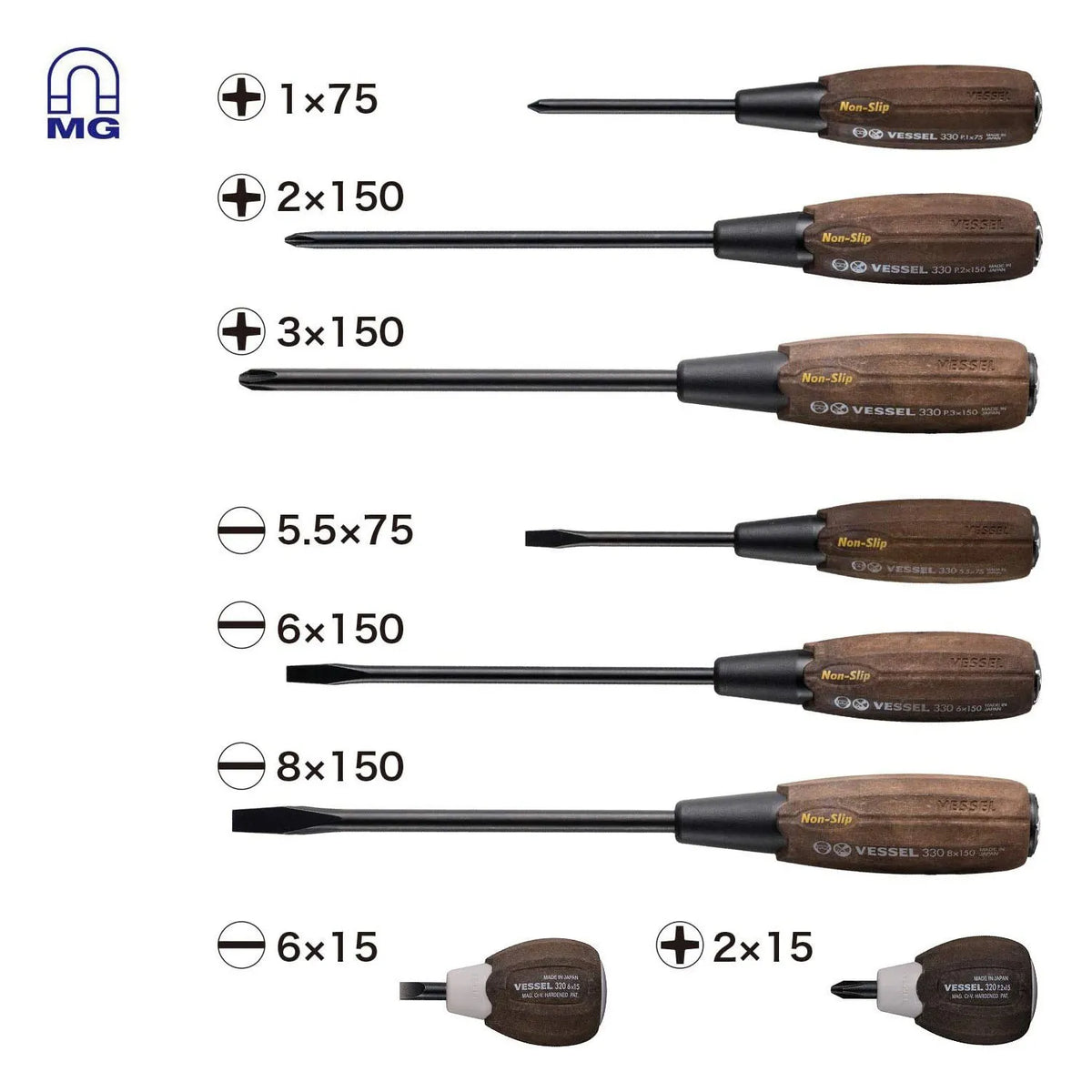 VESSEL 3308EVA WOOD-COMPO Non-Slip Tang-through Screwdriver 8-Piece Set