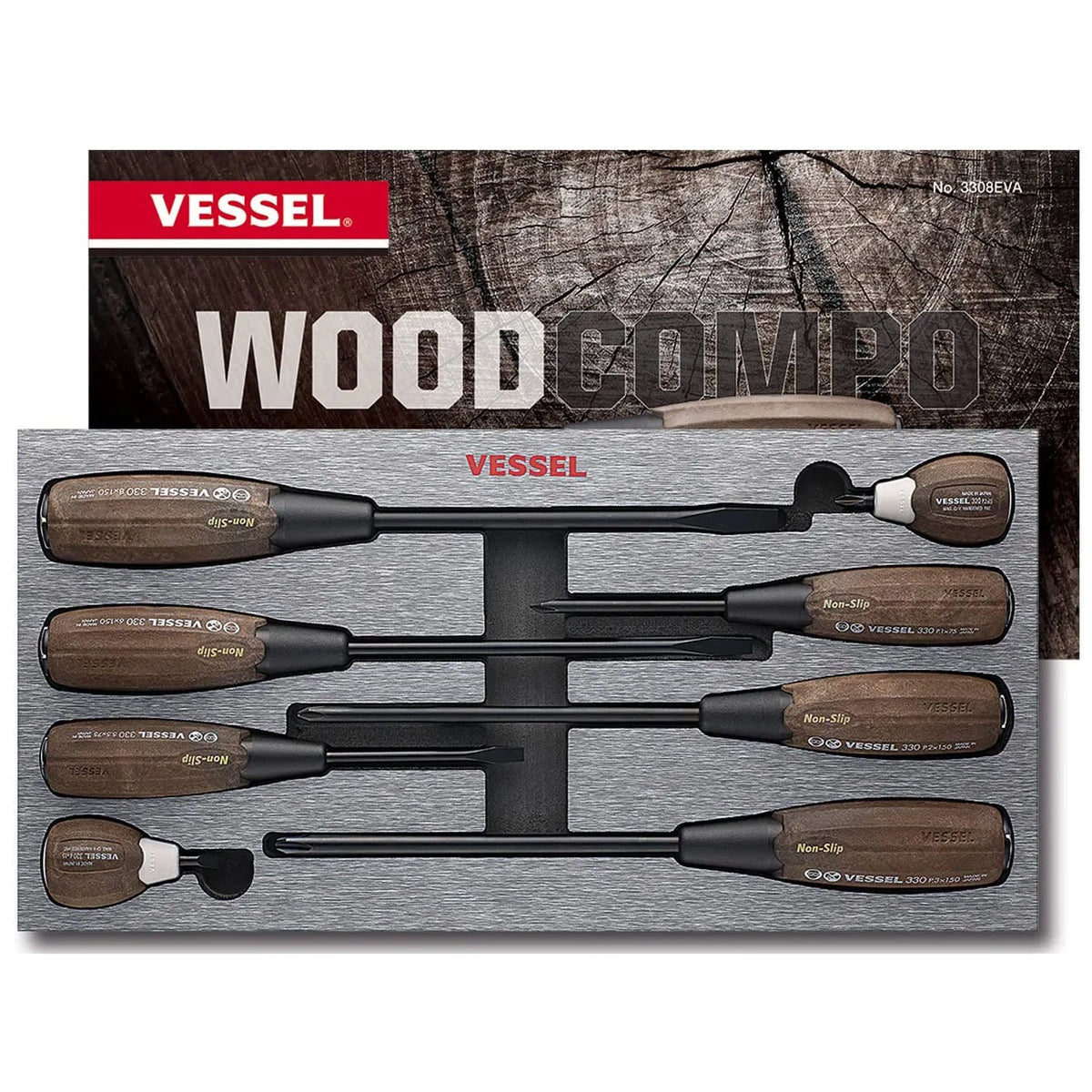 VESSEL 3308EVA WOOD-COMPO Non-Slip Tang-through Screwdriver 8-Piece Set