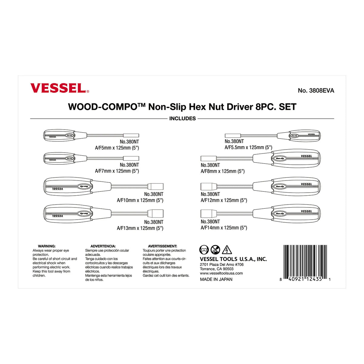 VESSEL 3808EVA WOOD-COMPO Non-Slip Hex. Nut Driver 8-Piece Set