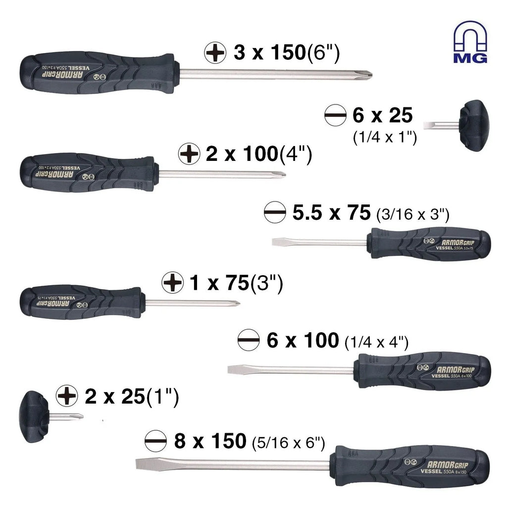 VESSEL 550A8PTU ARMOR GRIP Screwdriver 8-Piece Set - Tool Leaks