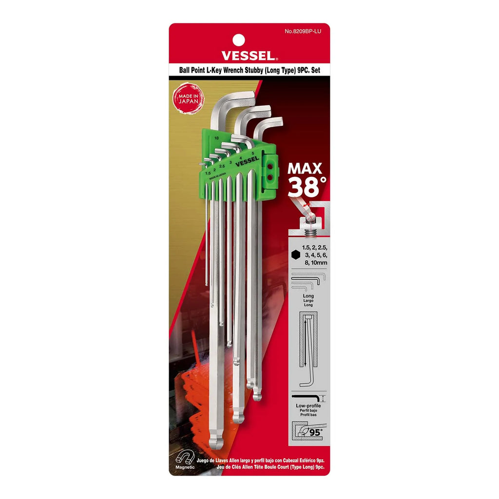 VESSEL 8209BPLU Ball Point Hex L-Key Wrench Stubby (Long Type) 9-Piece Set - Tool Leaks