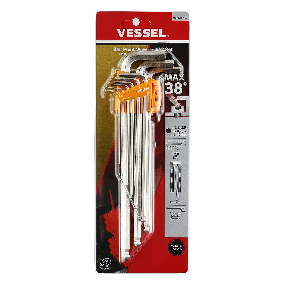VESSEL 8309BPLU Ball Point Hex L-Key Wrench (Long Type) 9-Piece Set