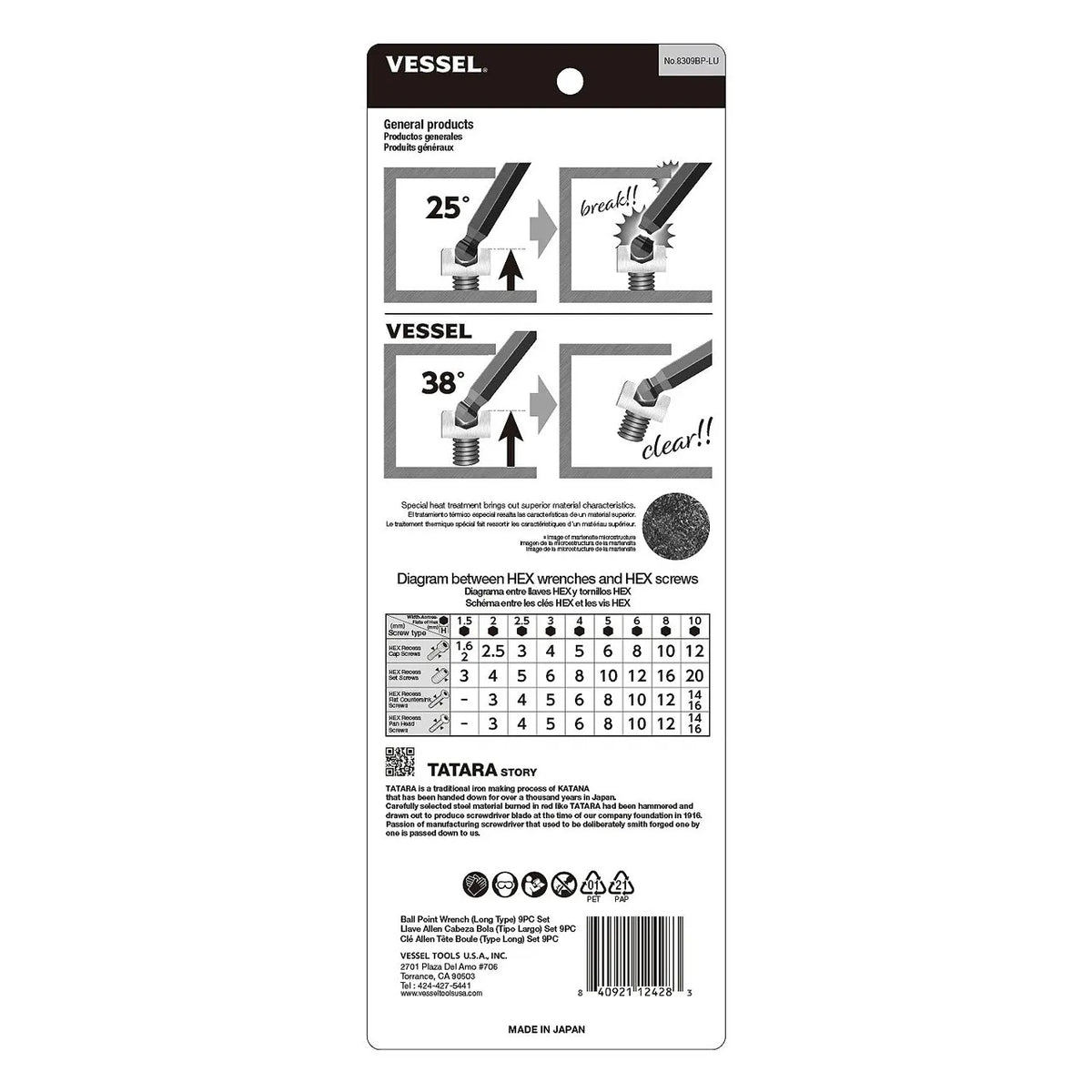 VESSEL 8309BPLU Ball Point Hex L-Key Wrench (Long Type) 9-Piece Set