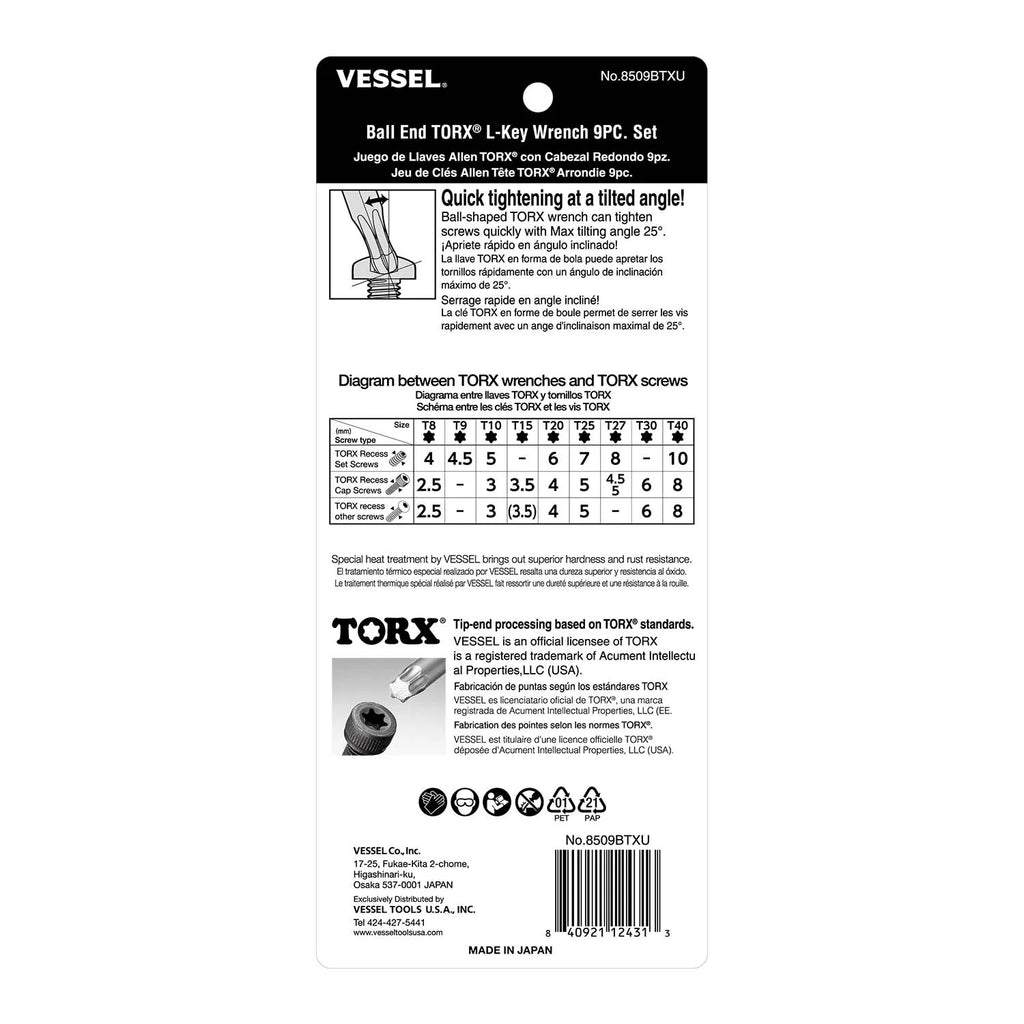 VESSEL 8509BTXU Ball End Torx L-Key Wrench 9-Piece Set - Tool Leaks