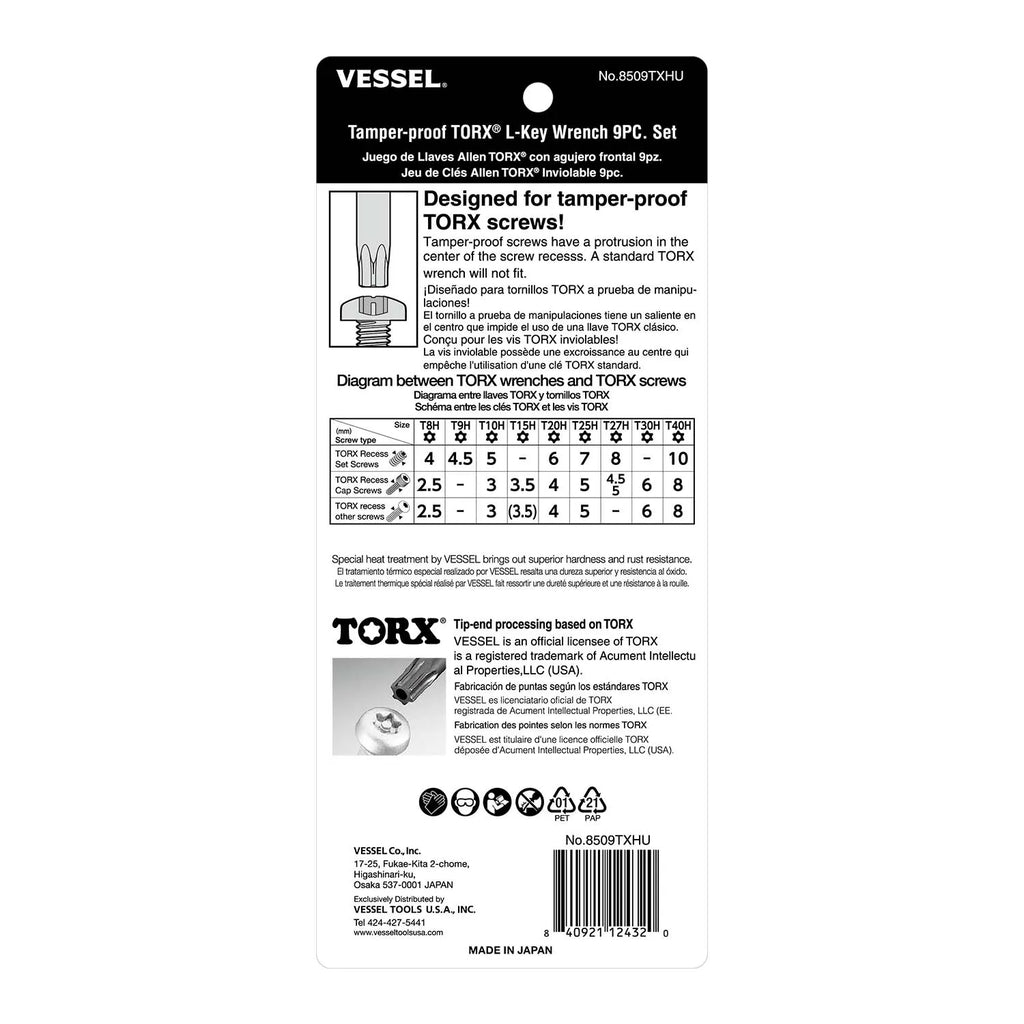 VESSEL 8509TXHU Tamper-proof Torx L-Key Wrench 9-Piece Set - Tool Leaks