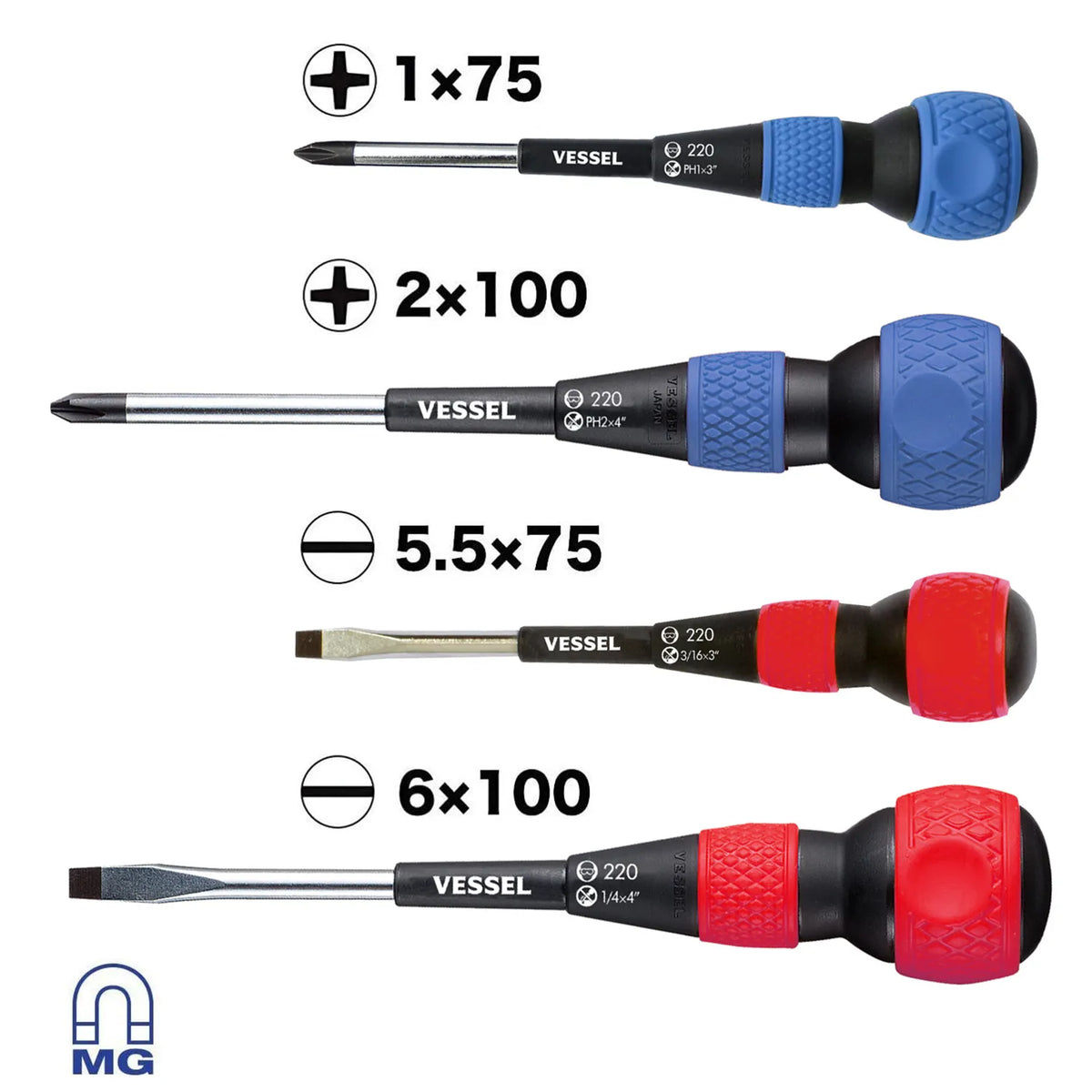 VESSEL 2204PBU BALL GRIP Screwdriver 4-Piece Set