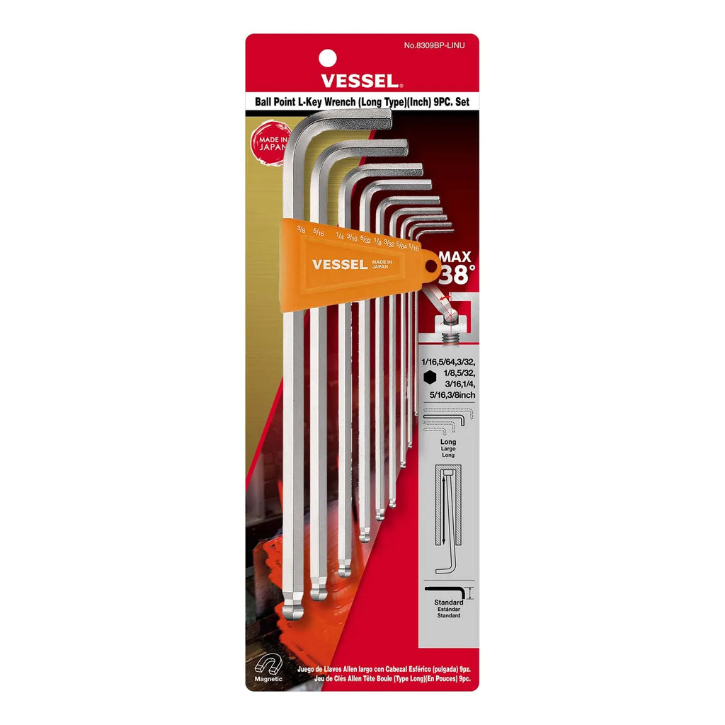 VESSEL 8309BPLINU Ball Point Hex L-Key Wrench (Long Type) (Inch) 9-Piece Set - Tool Leaks