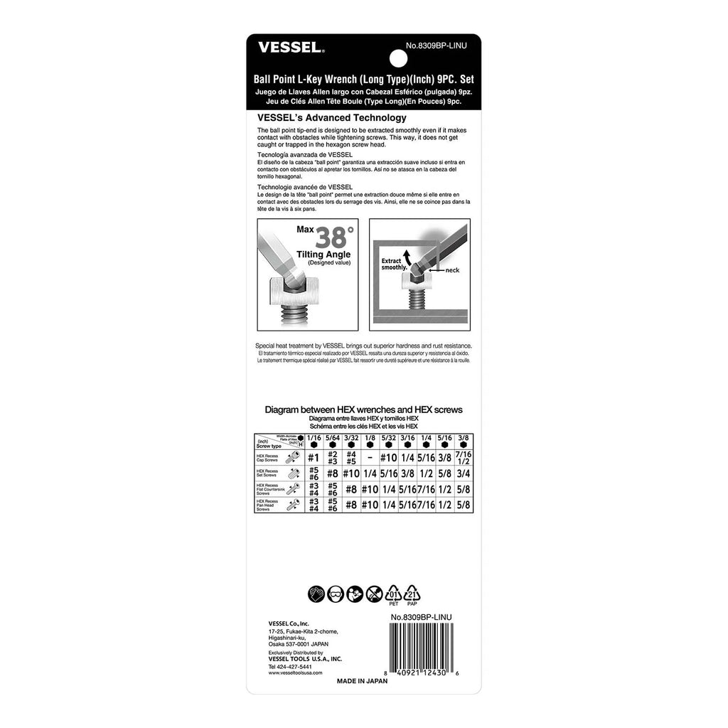 VESSEL 8309BPLINU Ball Point Hex L-Key Wrench (Long Type) (Inch) 9-Piece Set - Tool Leaks