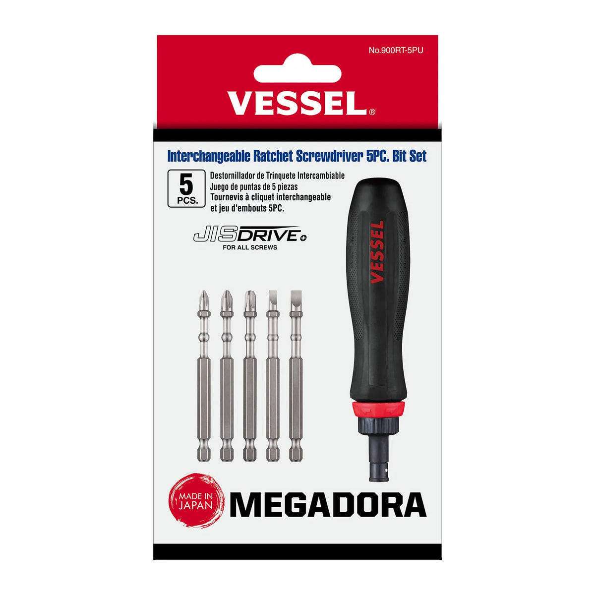VESSEL 900RT5PU Megadora Interchangeable Ratchet Screwdriver 5-Piece Bit Set
