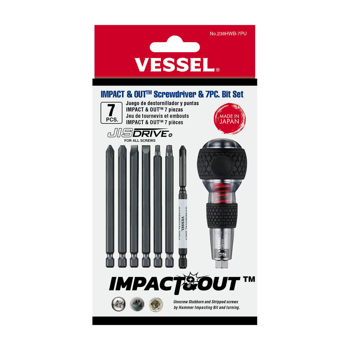 VESSEL 238HWB7PU IMPACT & OUT Screwdriver & 7-Piece Bit Set