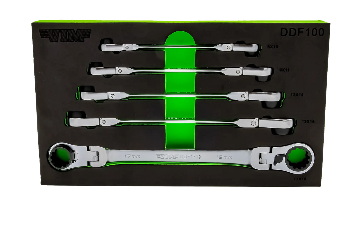 VIM Tools DDF100 5-Piece Double Deep Spline Flex Head Ratcheting Wrench Set - Metric