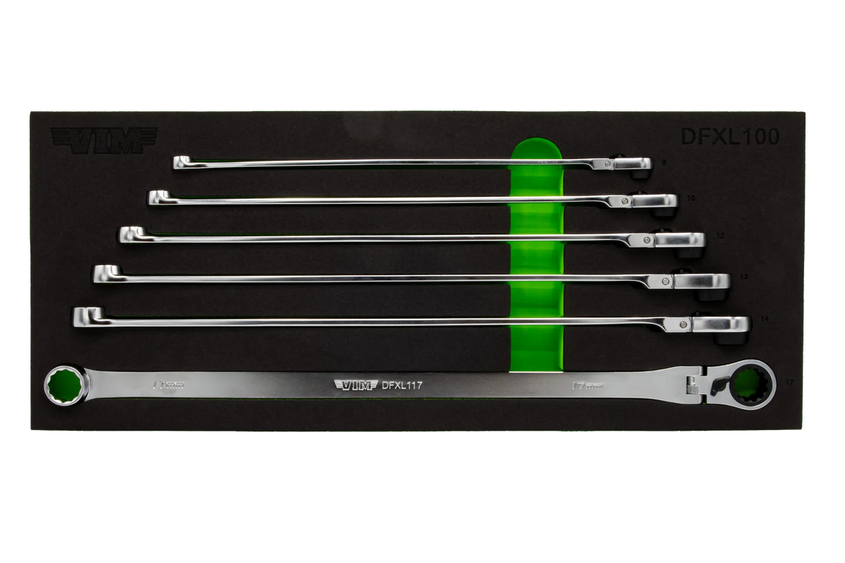 VIM Tools DFXL100 6-Piece Deep Spline Ratcheting Flex Head XL Wrench Set