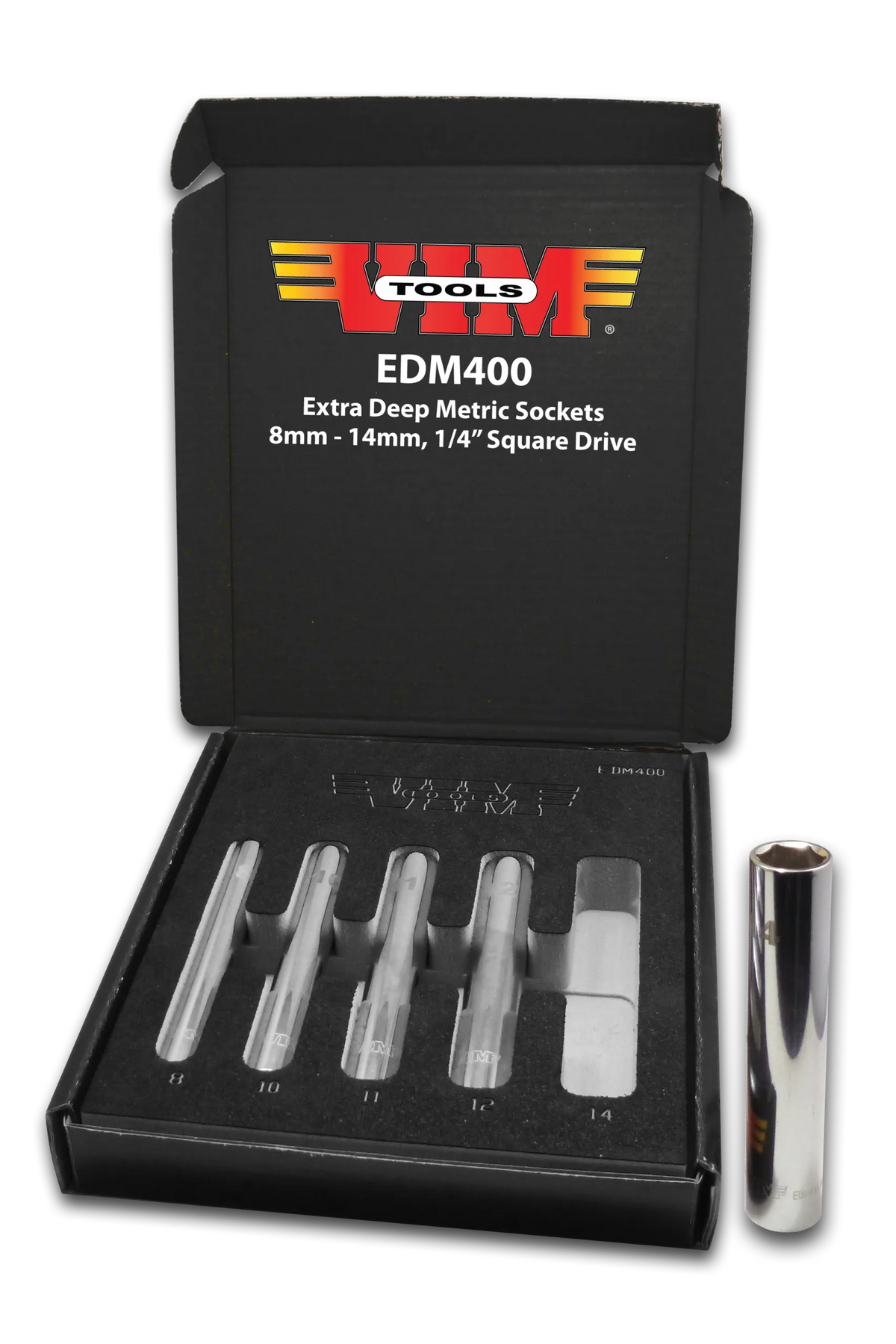 VIM Tools EDM400 5-Piece 1/4" Drive Extra-Deep Metric Socket Set, 8, 10, 11, 12 & 14mm