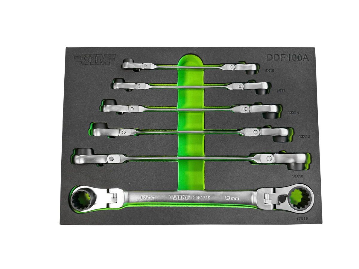 VIM Tools DDF100A 6-Piece Double Deep Spline Flex Head Ratcheting Wrench Set - Metric, Includes: 8mm - 19mm